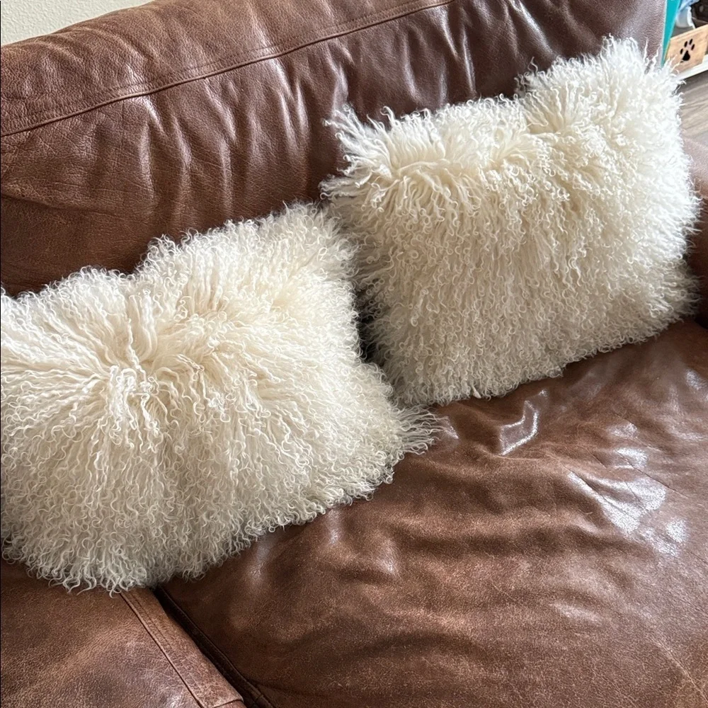 2 Mongolian lamb (Tibetan lamb) fur pillows with down filled inserts